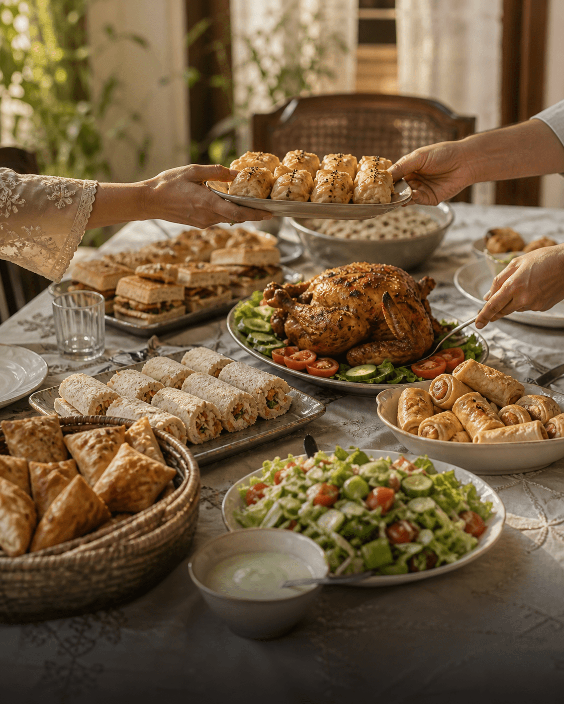A generous shared table prepared for a larger Sugar & Spice order