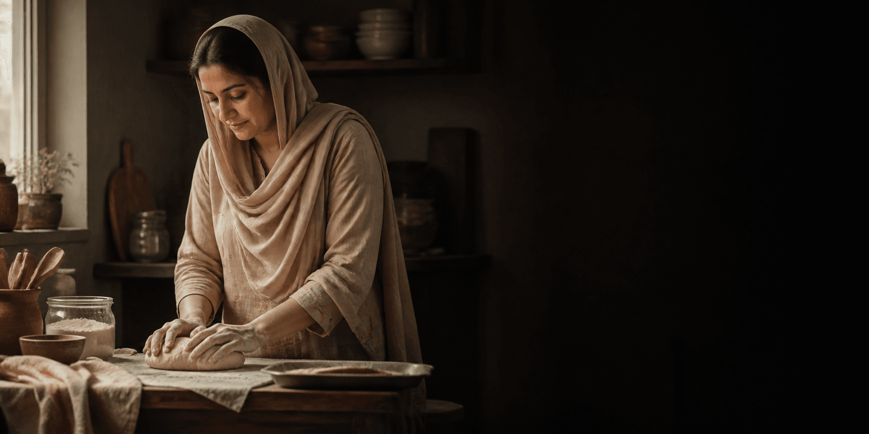 A Pakistani woman kneading dough in a warm home kitchen
